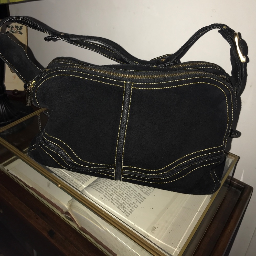 Black suede satchel, yellow interior and stitching